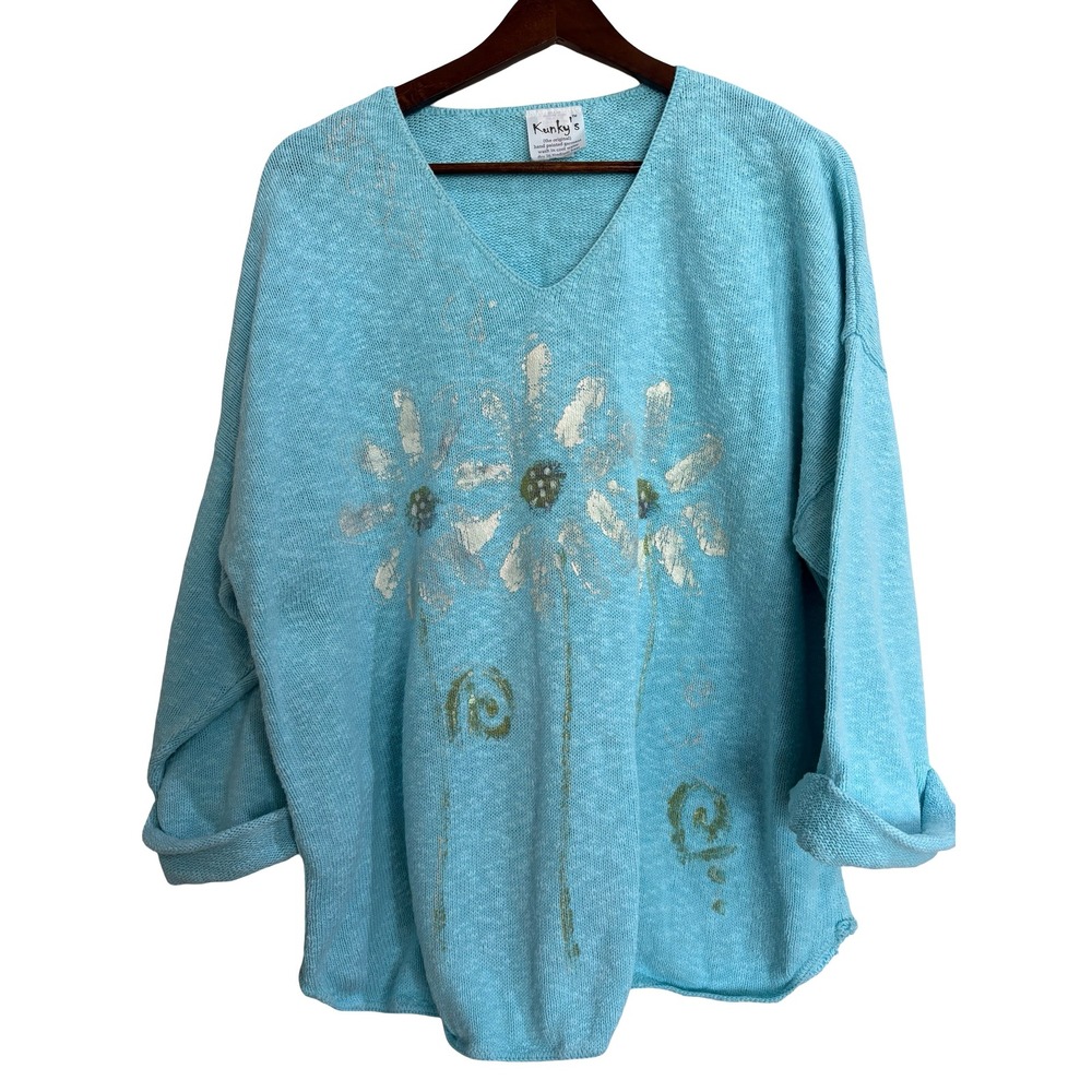 Kunkys Wearable Art OOAK Hand Painted Cotton Sweater Oversized BOHO Daisies OS